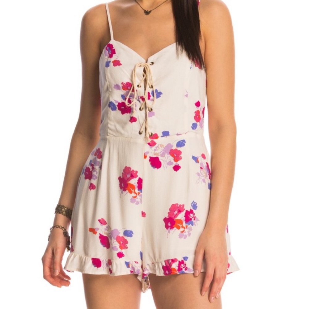 minkpink cream floral romper with lace up front